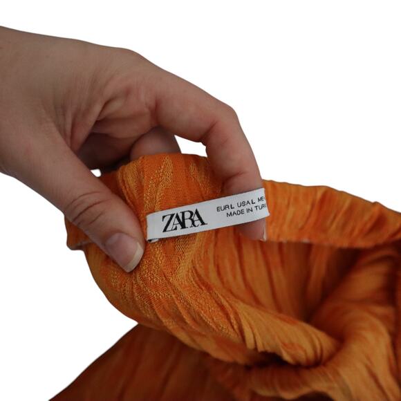 Zara Jacquard Pleated Midi Skirt Womens Size Large Orange Stretchy Raw Edge Hem - Picture 5 of 8